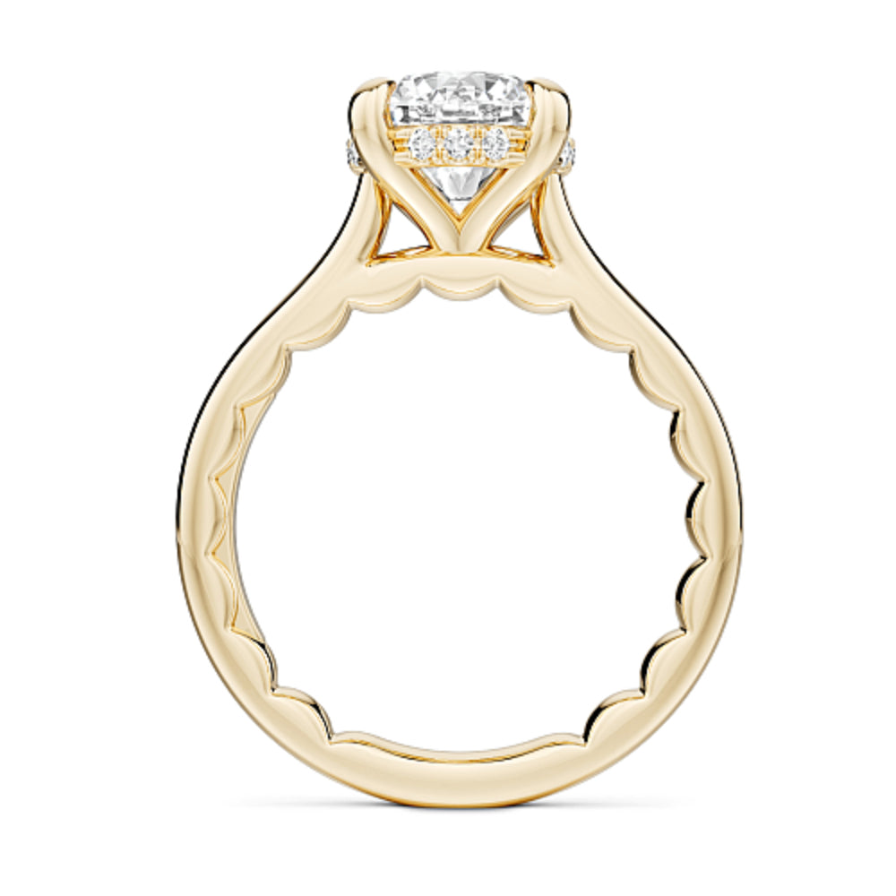 Gold Noam Carver ring with a large Round diamond center and round diamond hidden halo on a white background