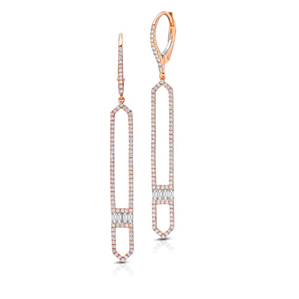 Rose gold drop earrings with diamond accents on a white background