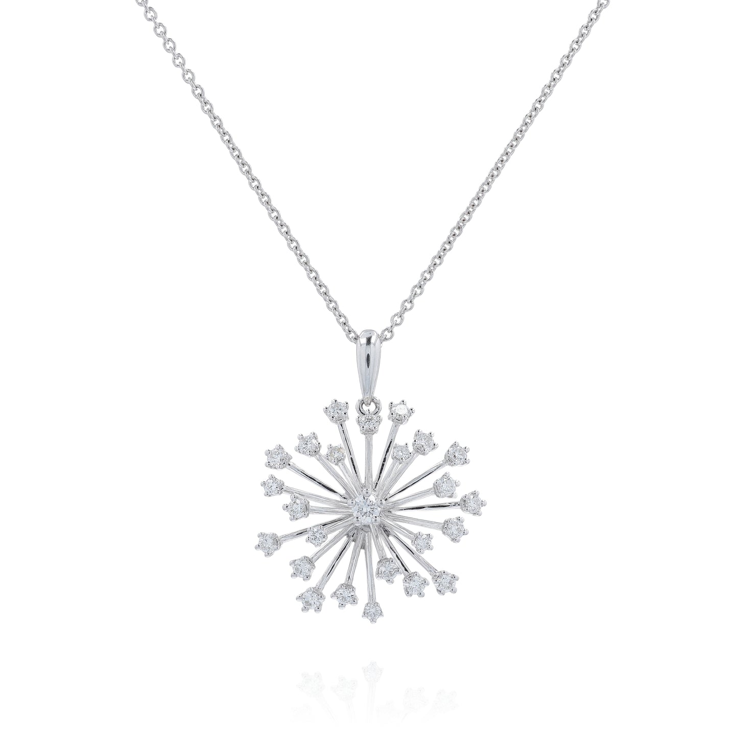 White gold starburst design diamond pendant necklace on a white background