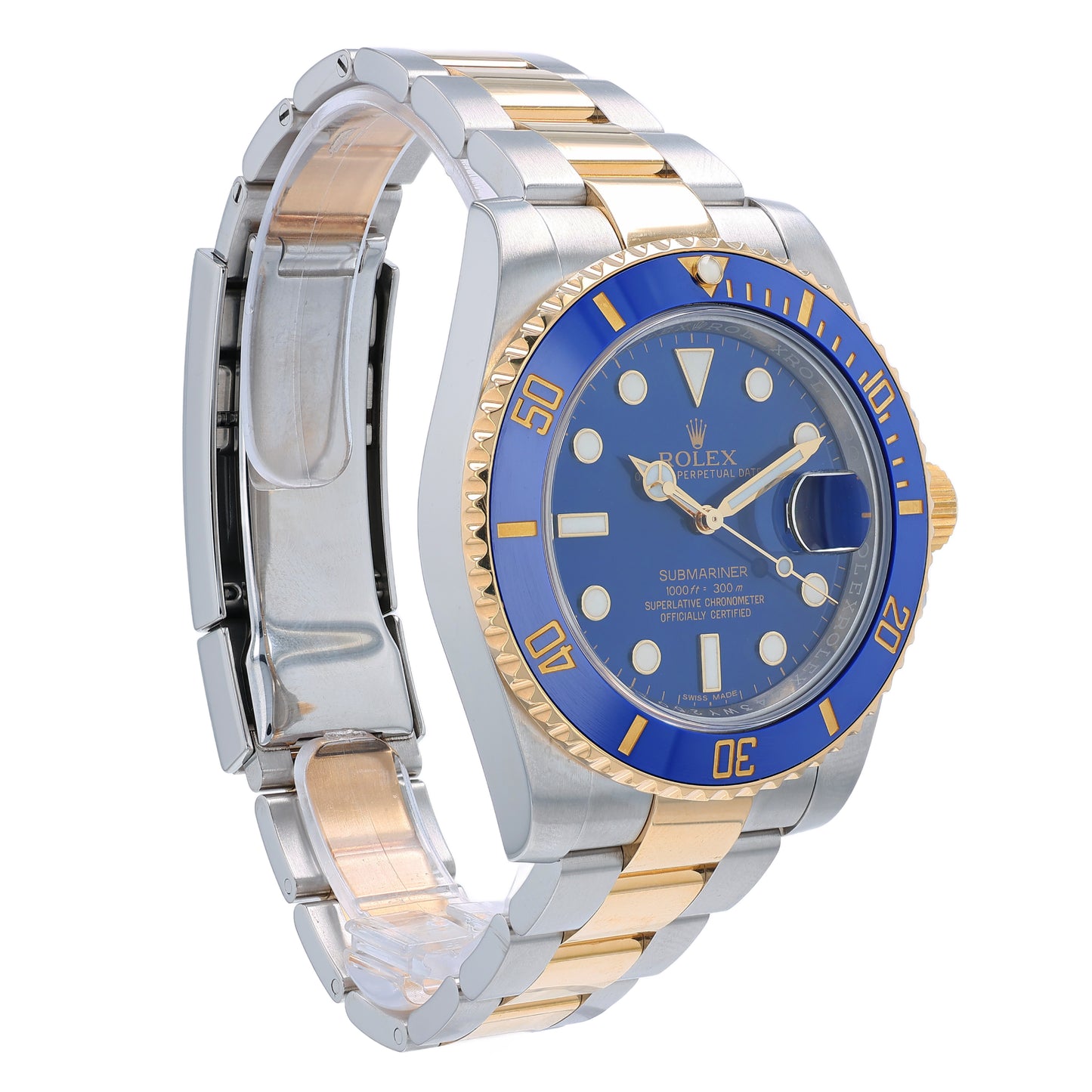 Angle of a two-tone Steel and gold Rolex Submariner watch with a blue dial and bezel on a white background