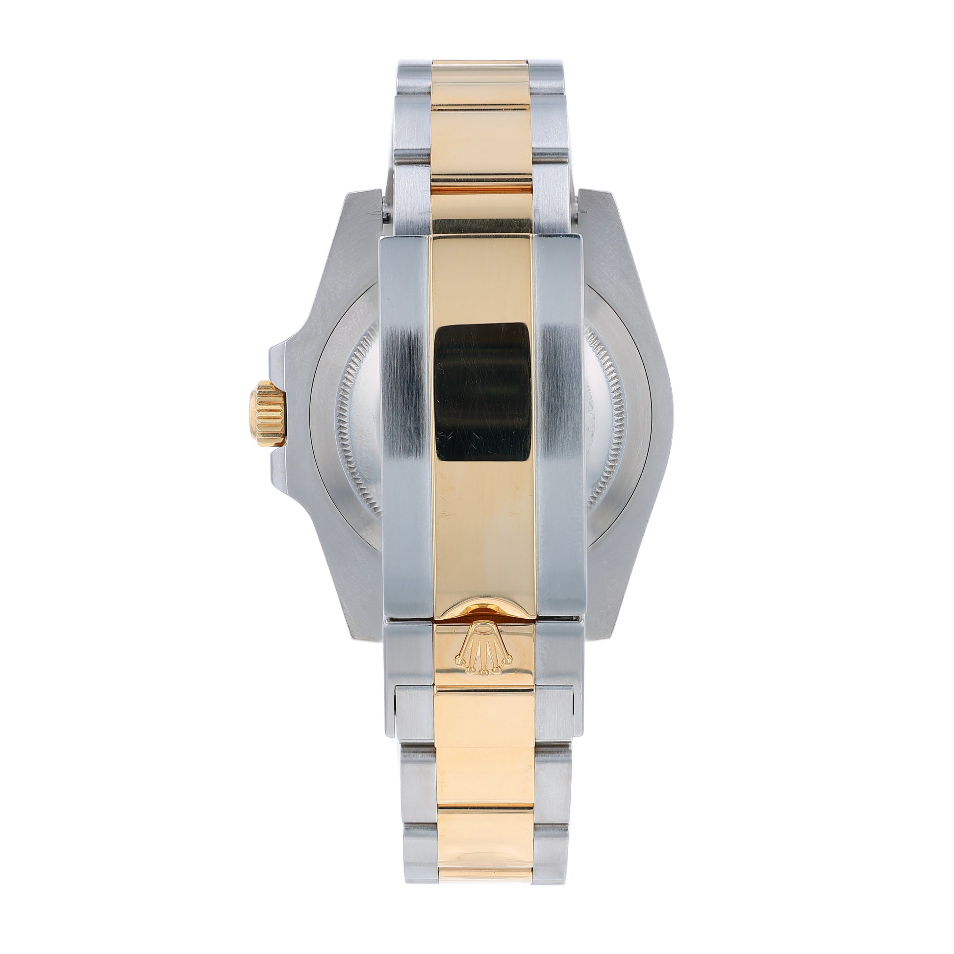 Back angle of a two-tone Steel and gold Rolex Submariner watch on a white background