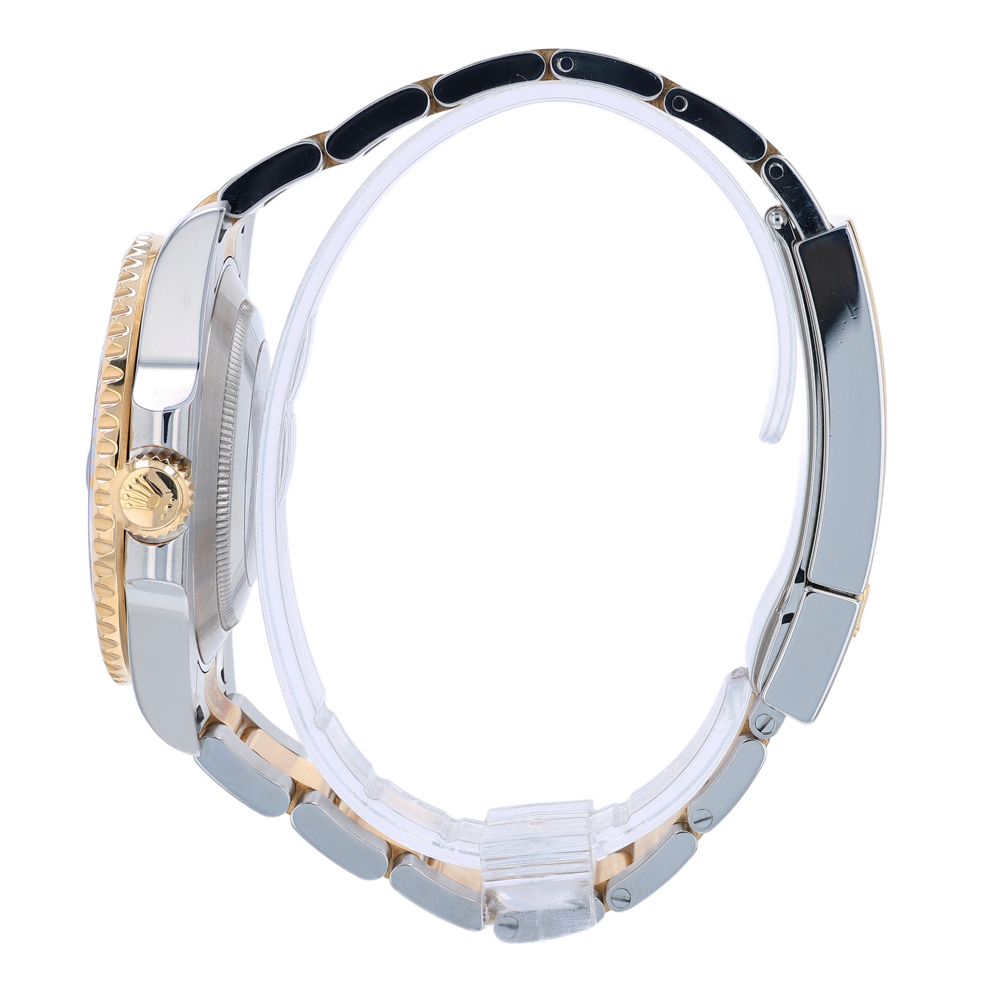 Side Profile of a two-tone Steel and gold Rolex Submariner watch on a white background