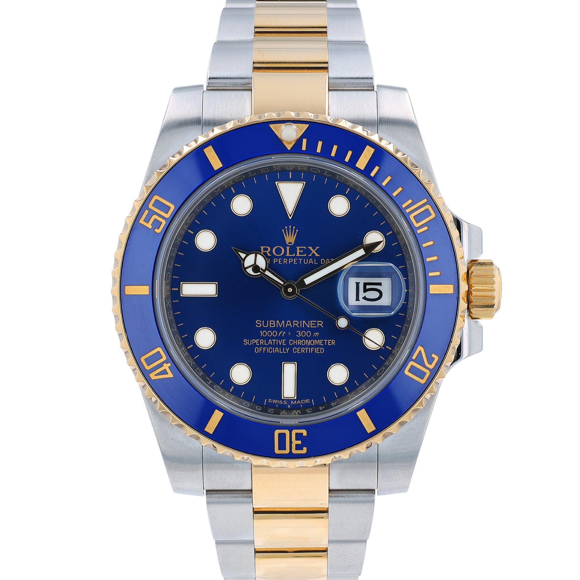 Two-tone Steel and gold Rolex Submariner watch with a blue dial and bezel on a white background