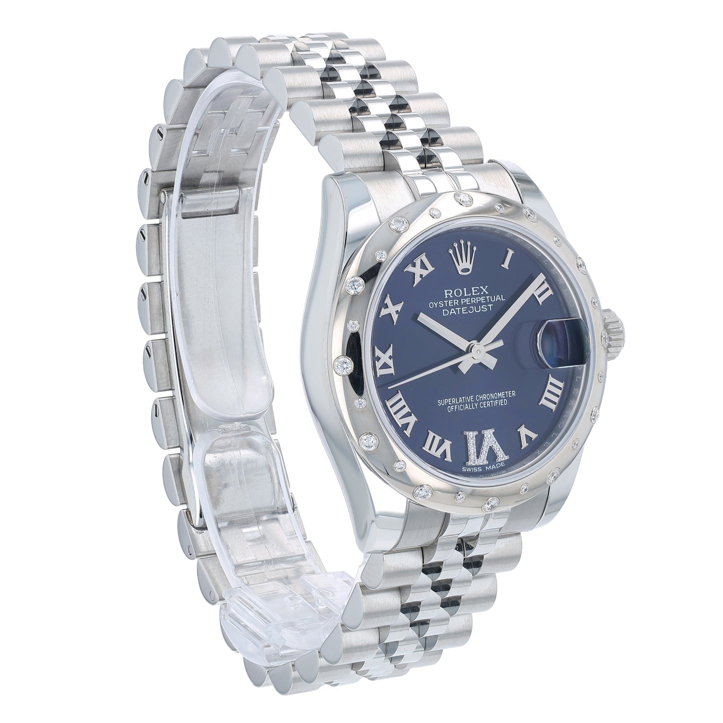Angle of a Rolex watch with a dark purple dial, white gold diamond bezel and silver jubilee bracelet on a white background