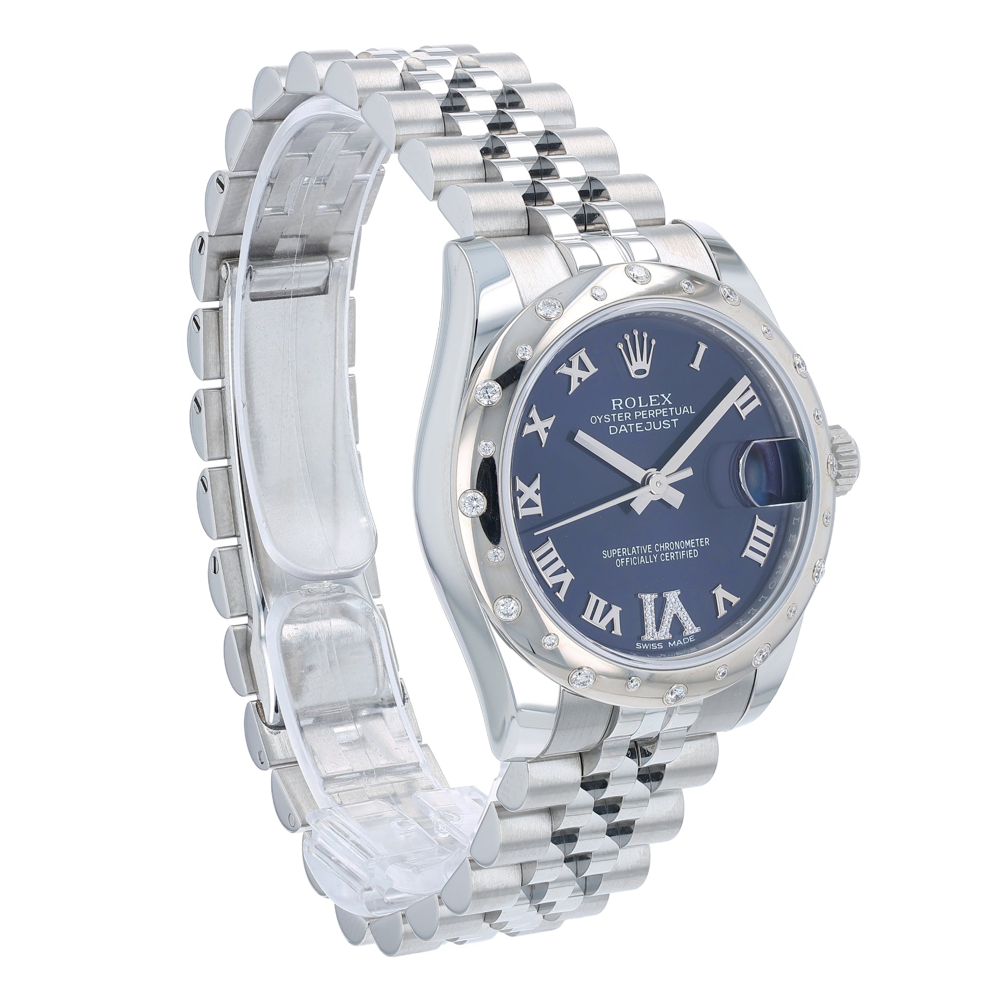 Angle of a Rolex watch with a dark purple dial, white gold diamond bezel and silver jubilee bracelet on a white background