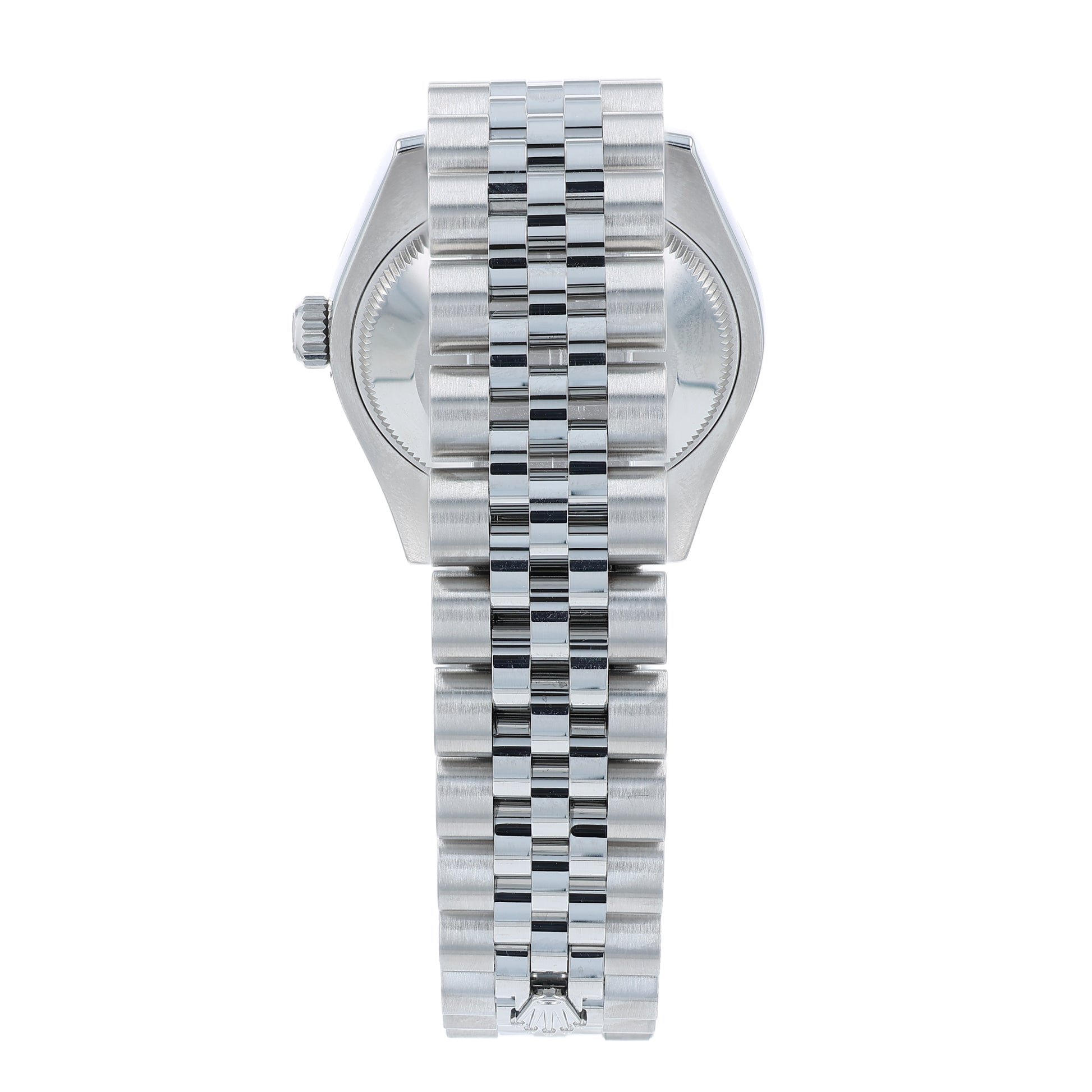 Back angle of a Rolex watch with a white gold diamond bezel and silver jubilee bracelet on a white background