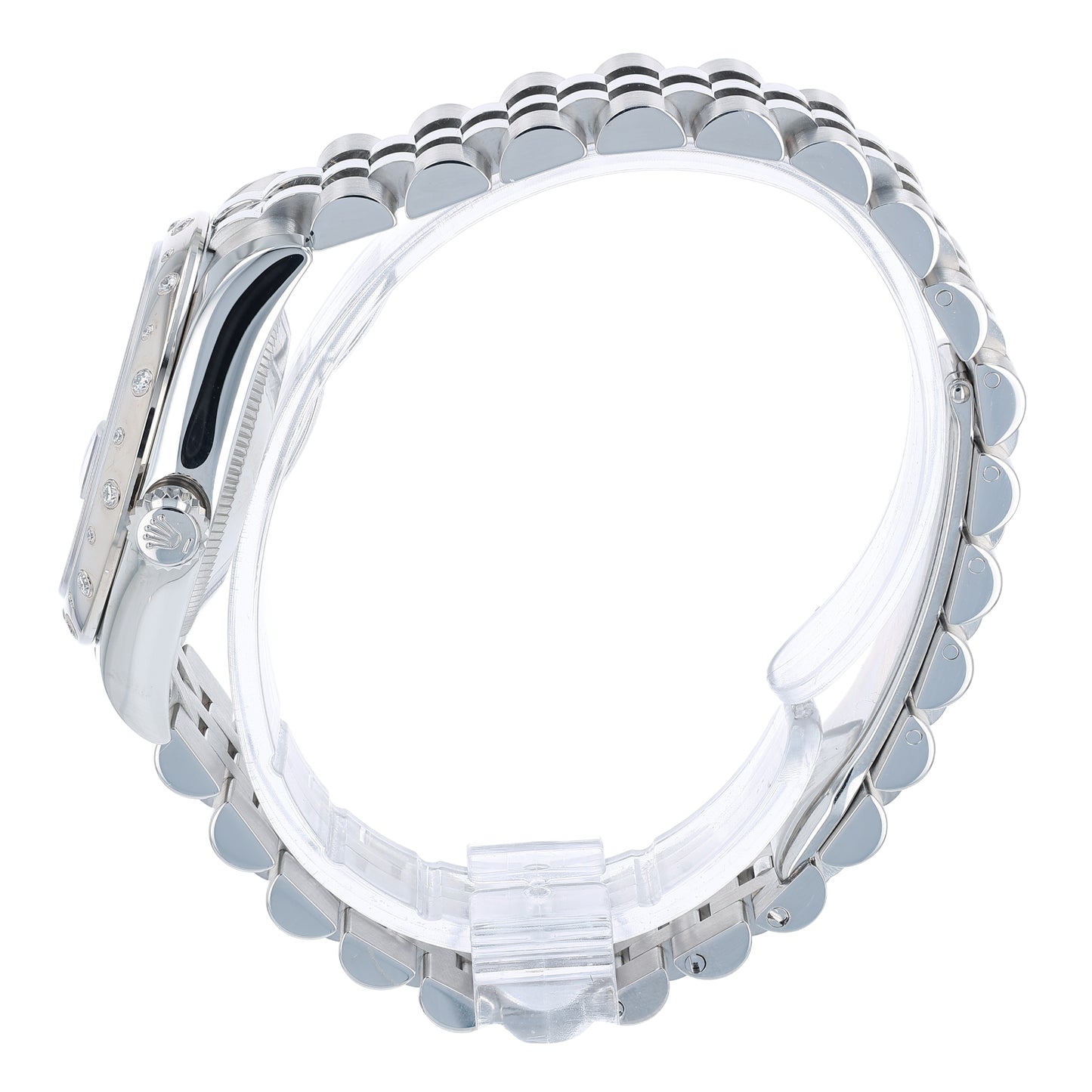 Side profile of a Rolex watch with a white gold diamond bezel and silver jubilee bracelet on a white background