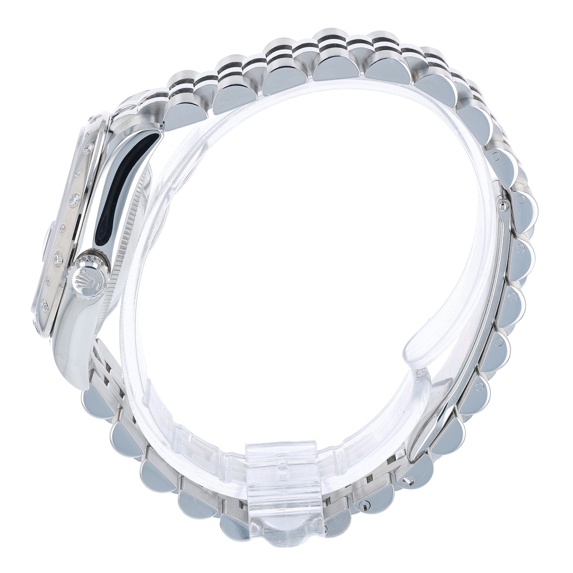 Side profile of a Rolex watch with a white gold diamond bezel and silver jubilee bracelet on a white background