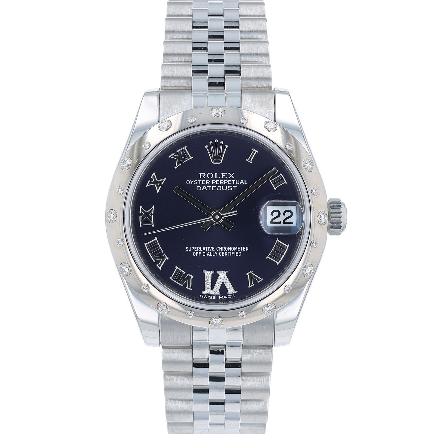 Rolex watch with a dark purple dial, white gold diamond bezel and silver jubilee bracelet on a white background