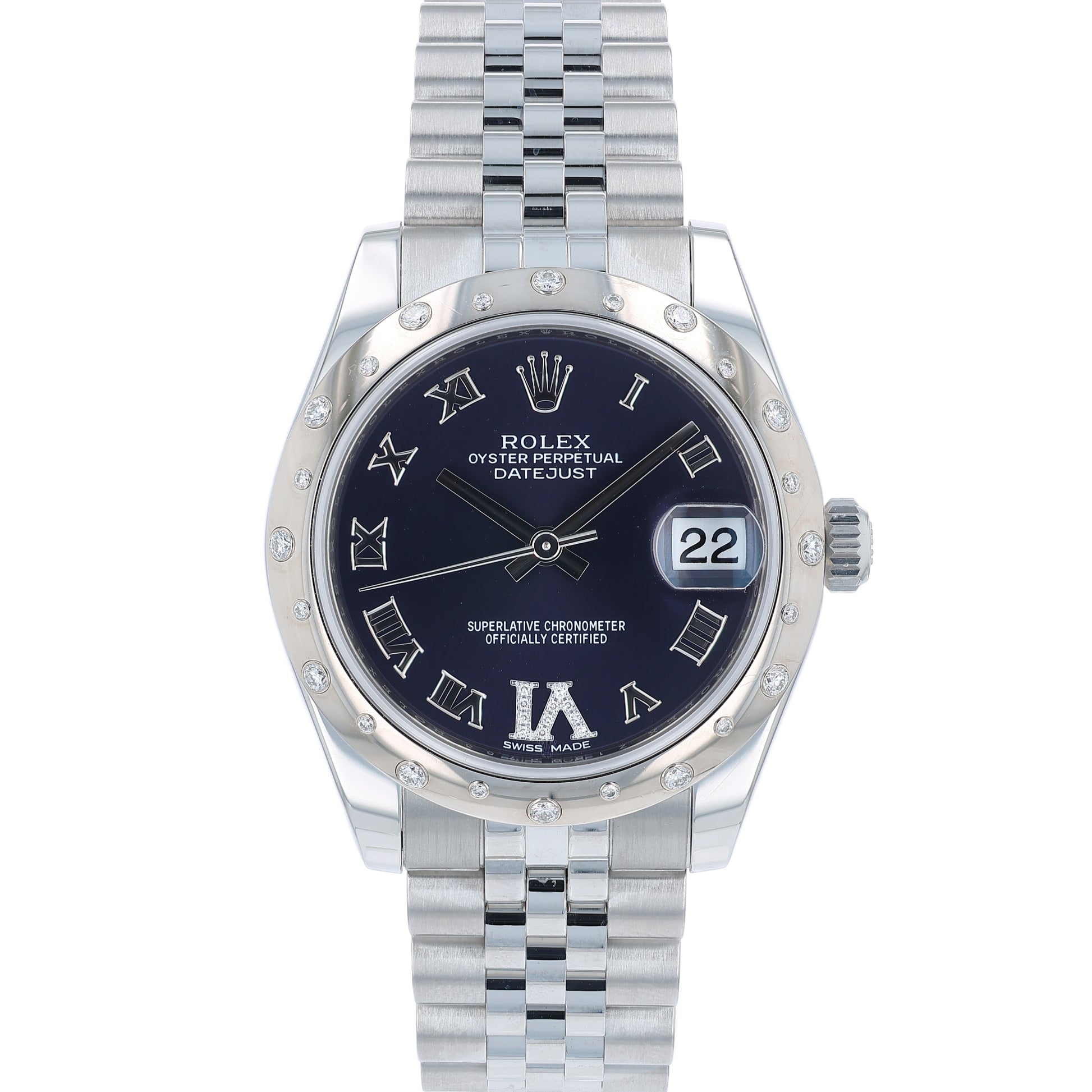 Rolex watch with a dark purple dial, white gold diamond bezel and silver jubilee bracelet on a white background