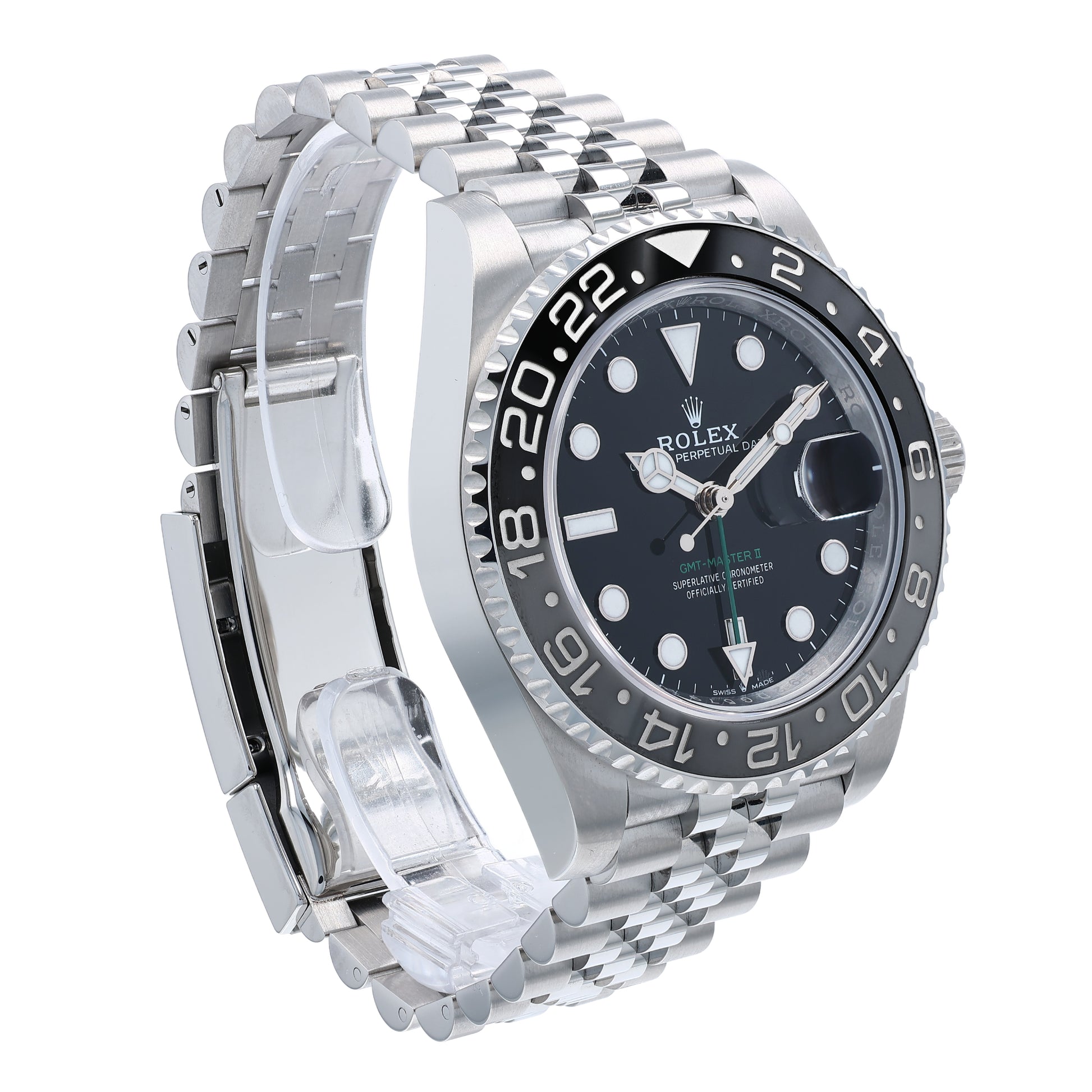 Angle of a Rolex watch with a black dial and grey and black bezel on a white background