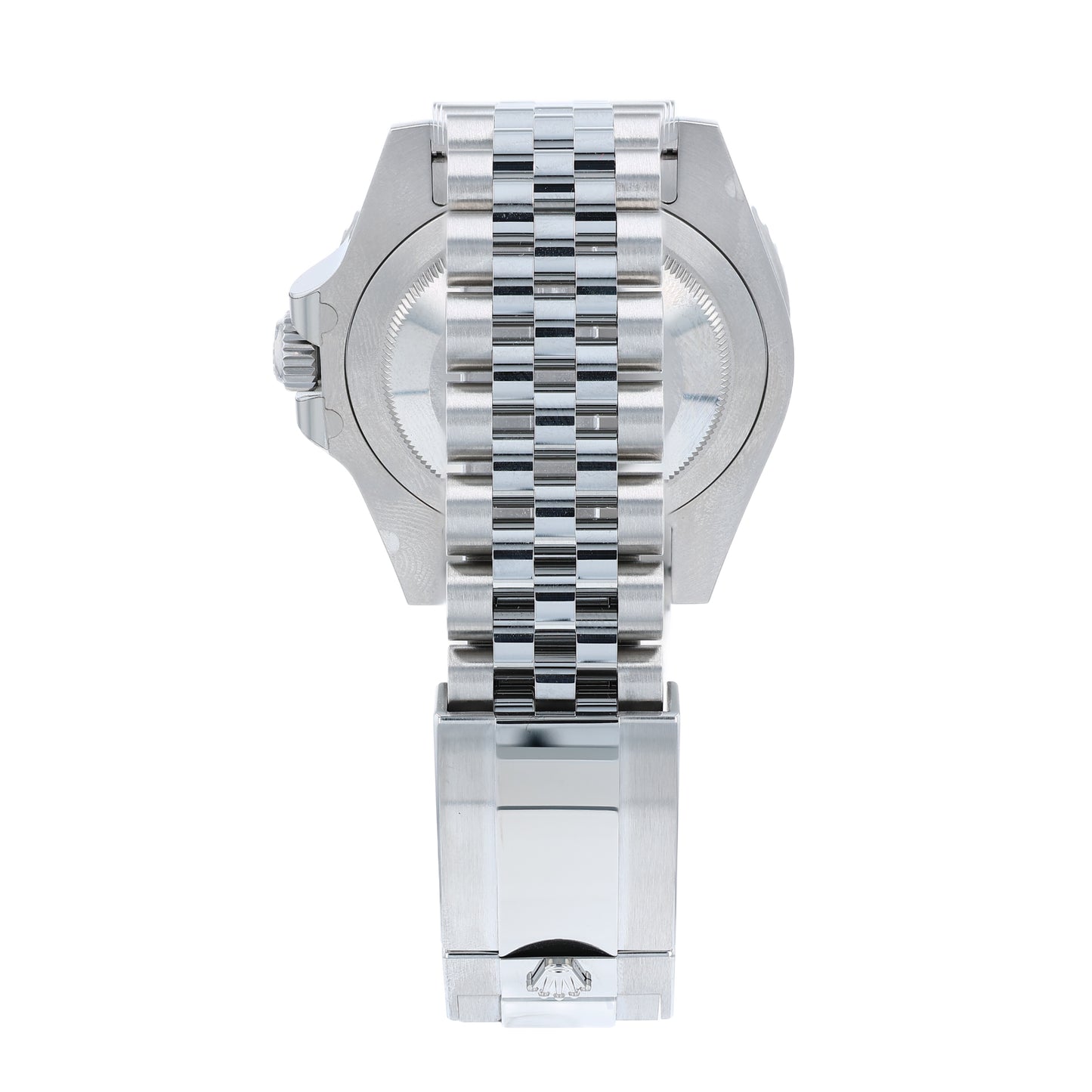 Back angle of a Rolex watch on a white background
