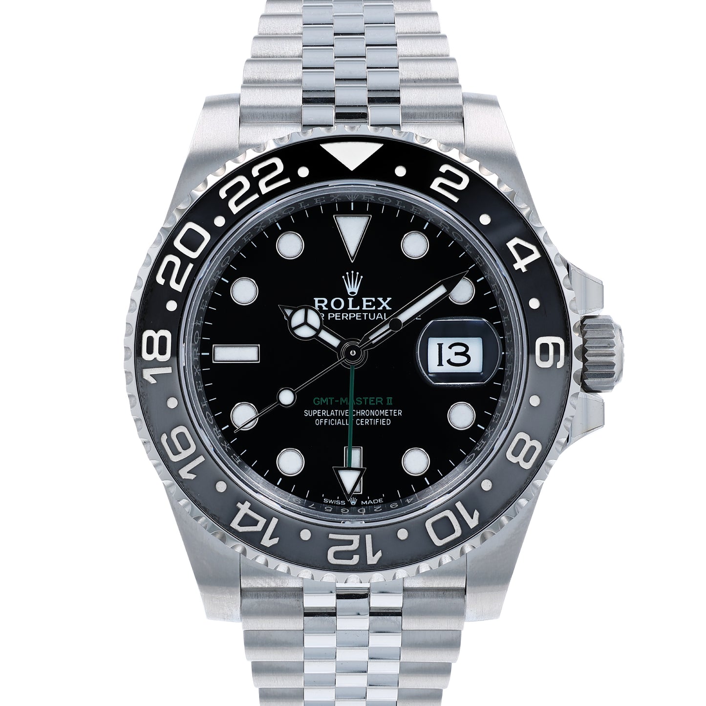 Rolex watch with a black dial and grey and black bezel on a white background