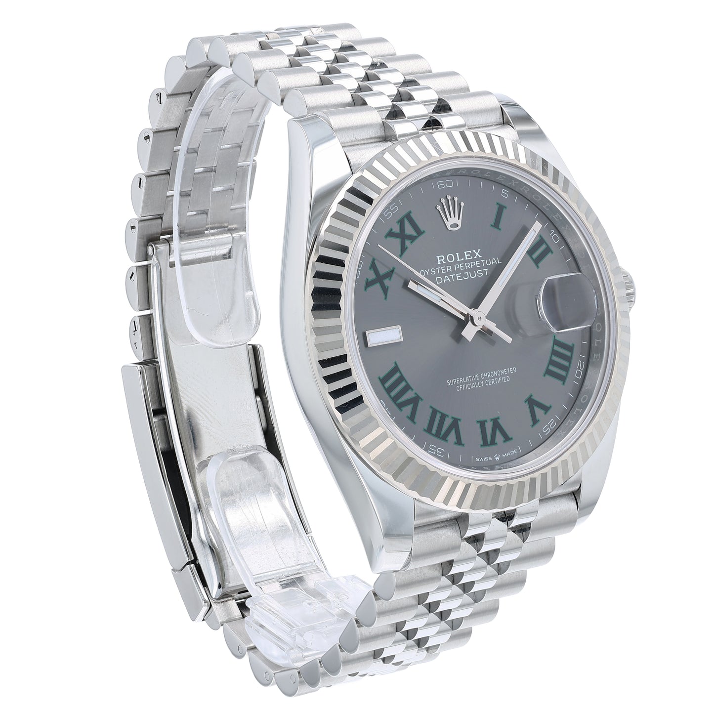 Angle of a silver Rolex watch with a Wimbledon grey dial with Roman numerals on a white background