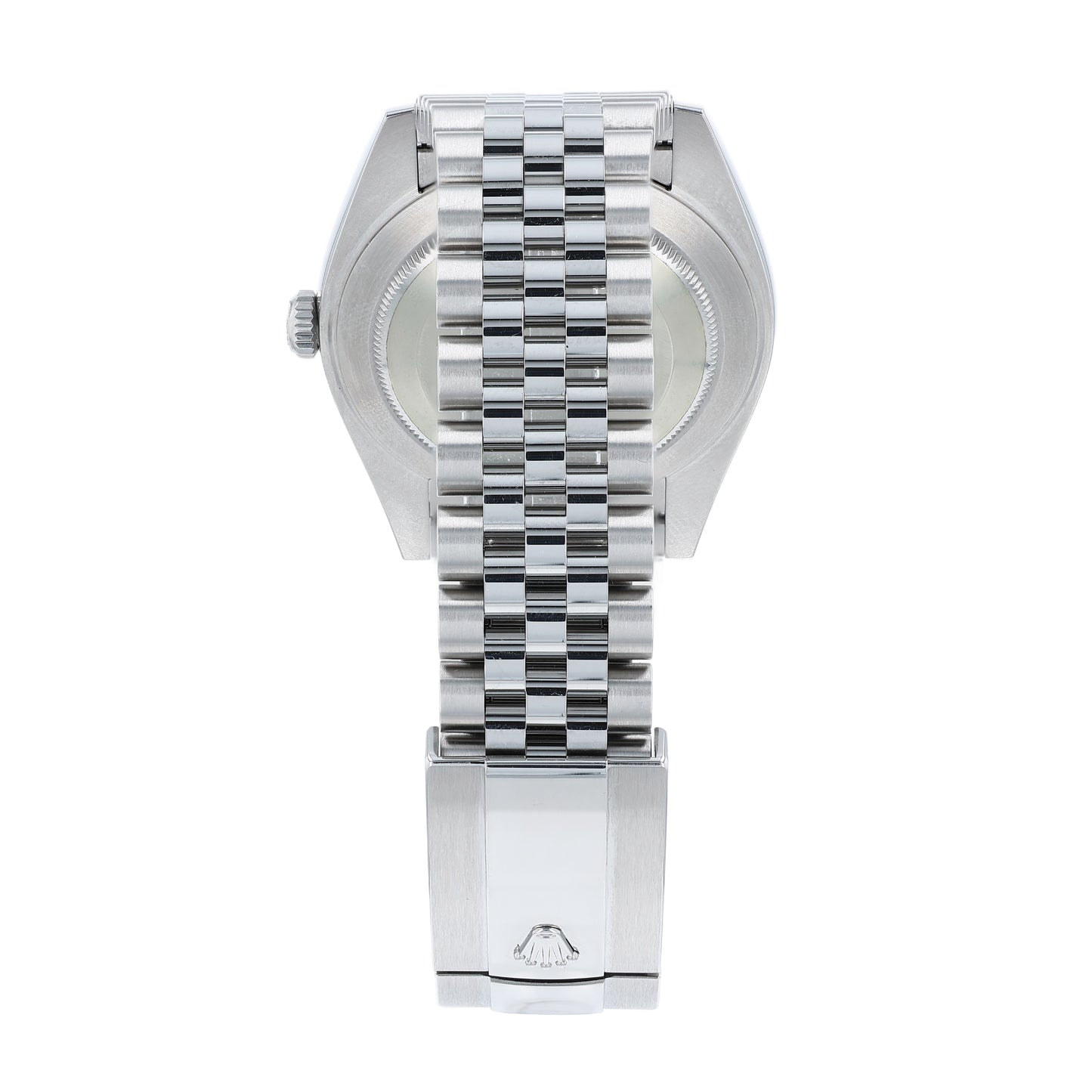 Back angle of a silver Rolex watch with a Wimbledon grey dial with Roman numerals on a white background