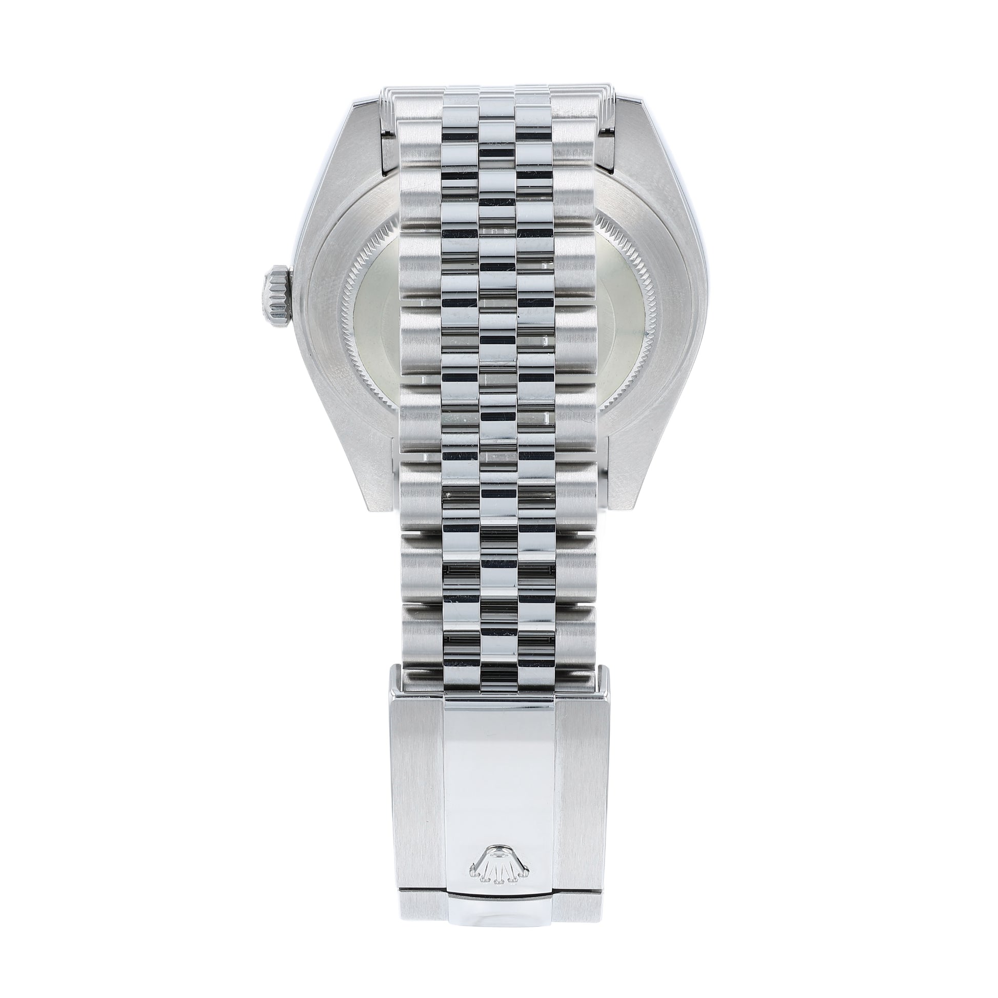 Back angle of a silver Rolex watch with a Wimbledon grey dial with Roman numerals on a white background