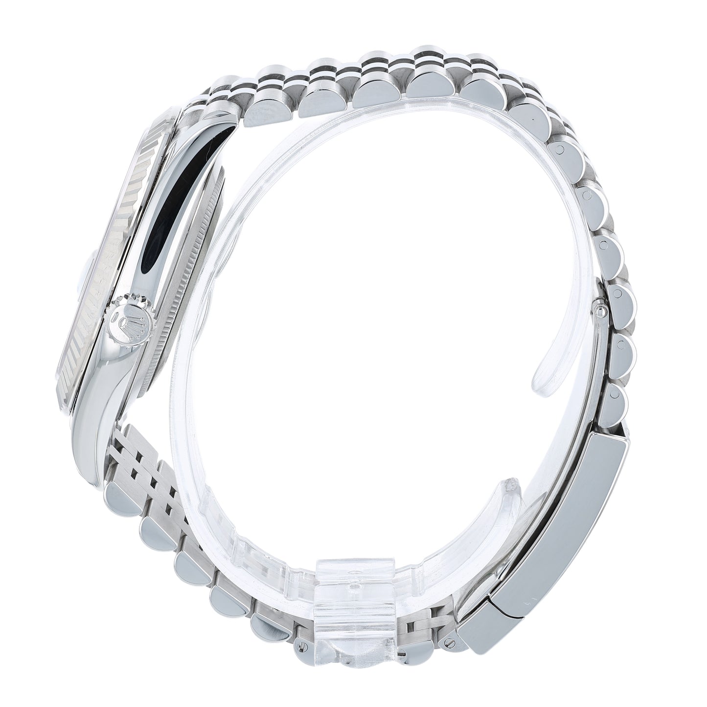 Side profile of a silver Rolex watch with a Wimbledon grey dial with Roman numerals on a white background