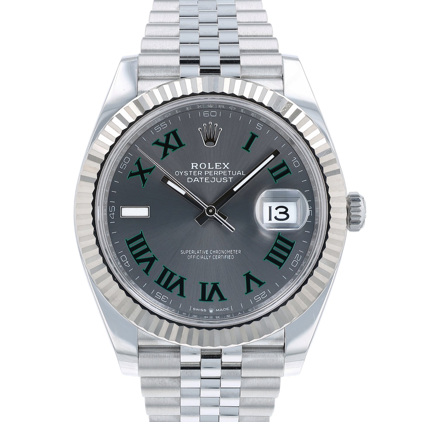 Silver Rolex watch with a Wimbledon grey dial with Roman numerals on a white background