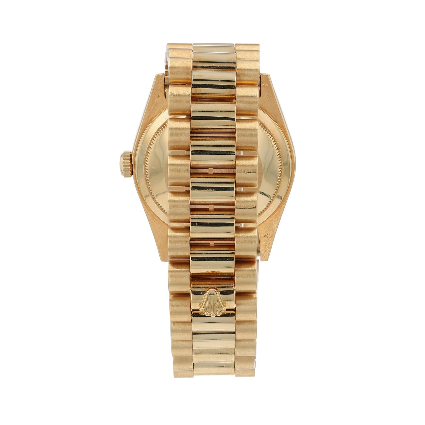 Back angle of a yellow gold Rolex watch on a white background