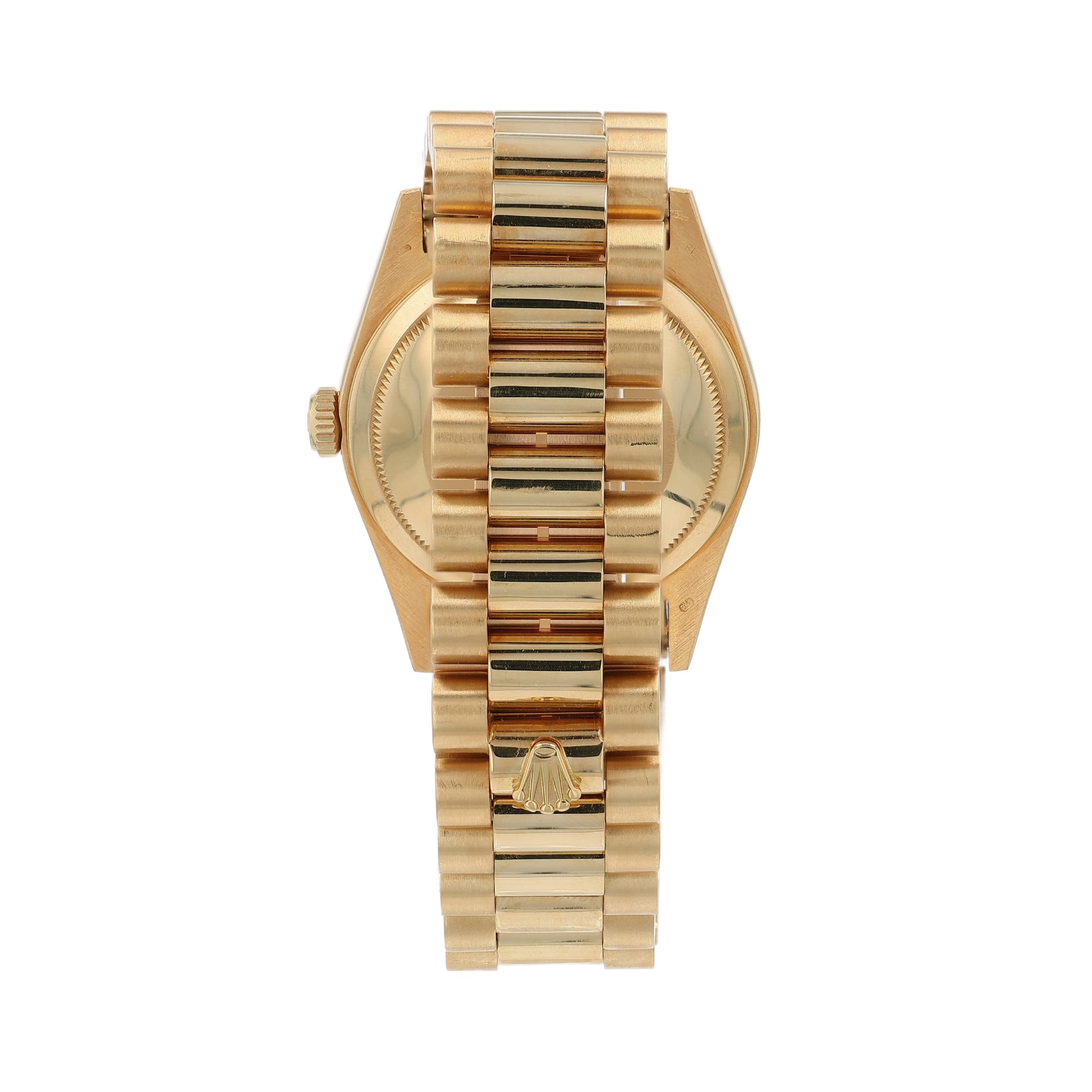 Back angle of a yellow gold Rolex watch on a white background