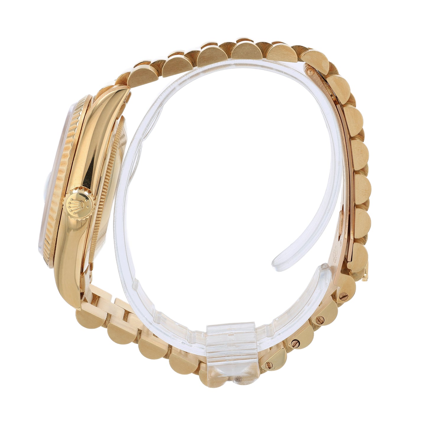 Side profile of a yellow gold Rolex watch on a white background
