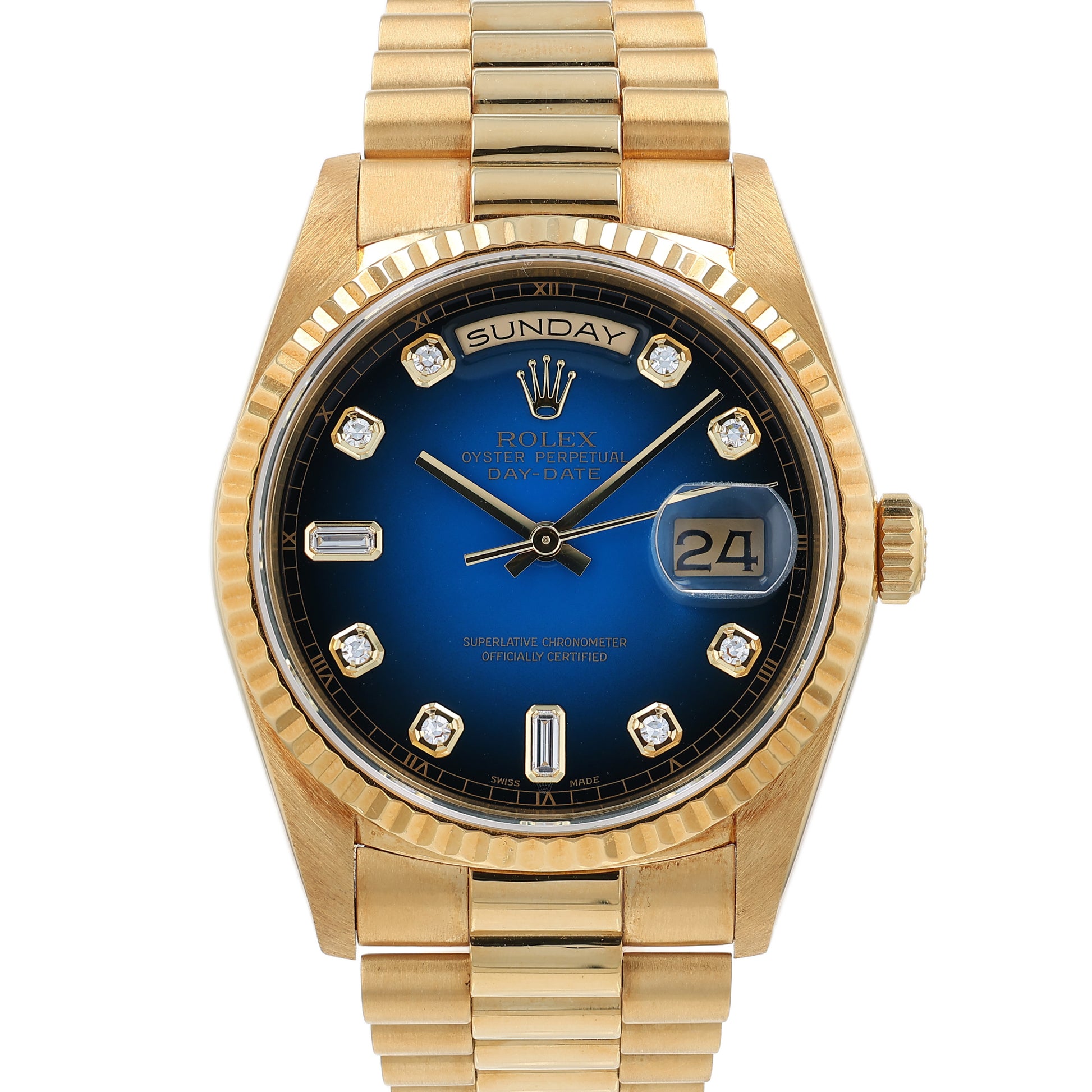 Yellow gold Rolex watch with a blue dial and diamond indexes on a white background