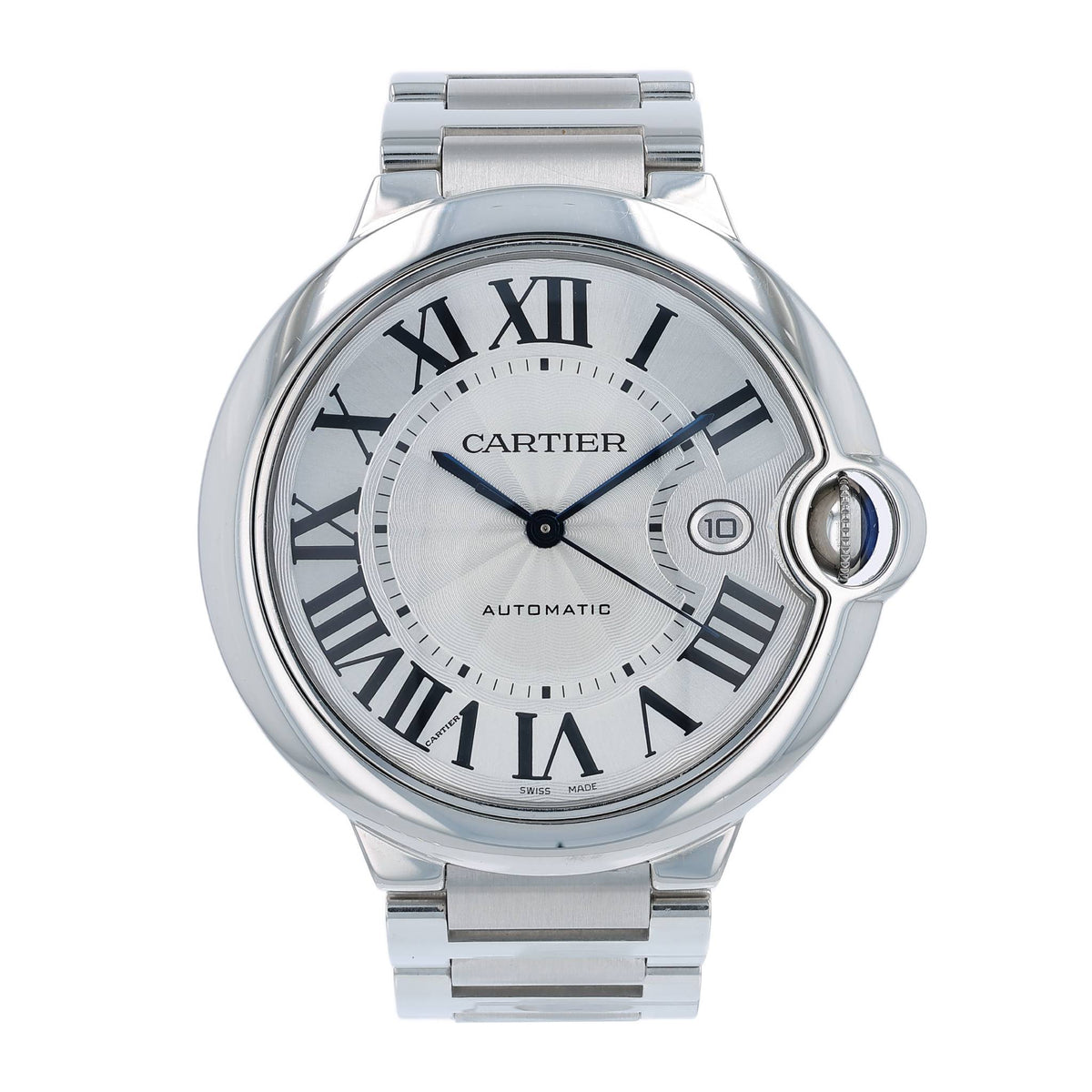 Cartier watch with silver case and white face on a white background