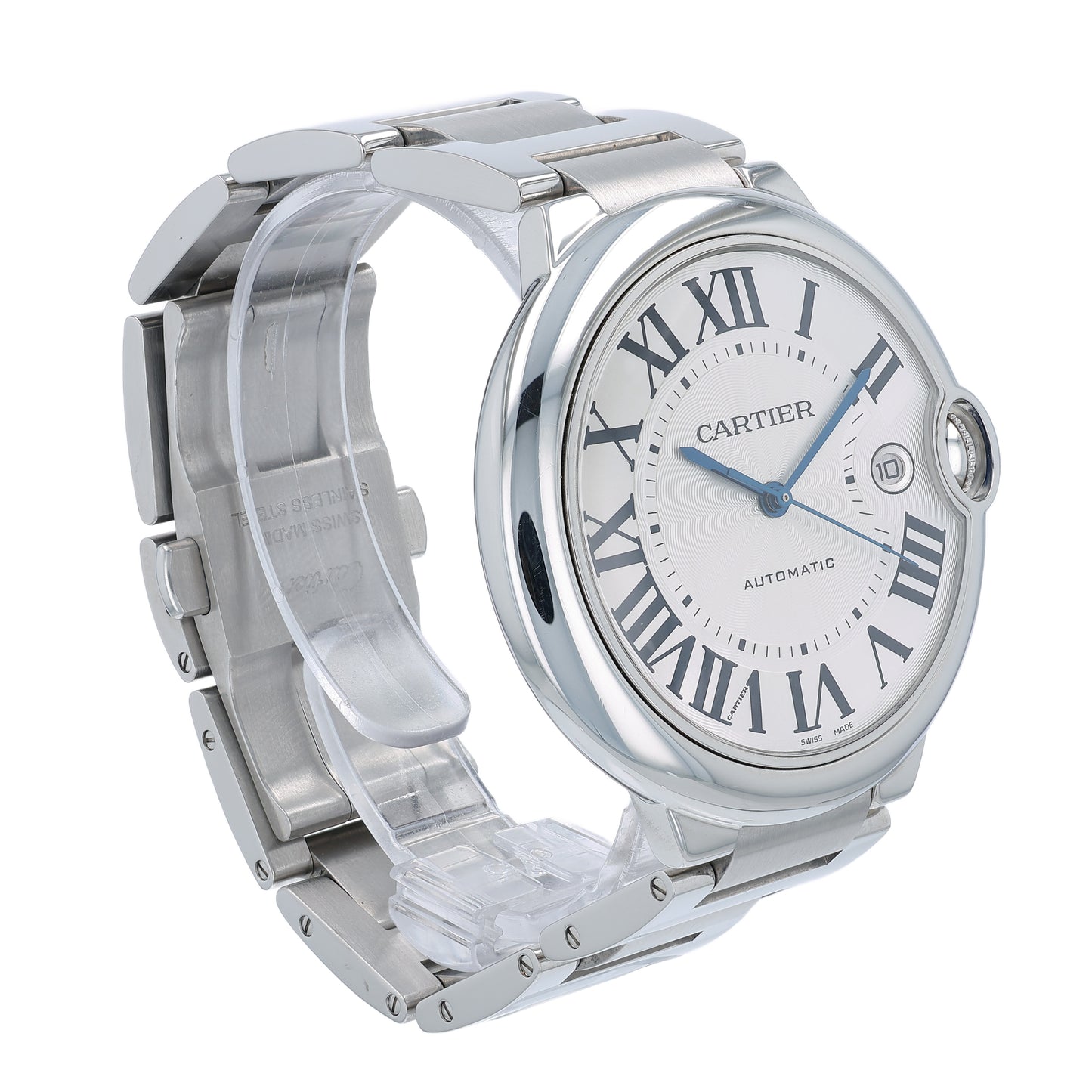 Silver Cartier watch with white face and Roman numerals on a white background