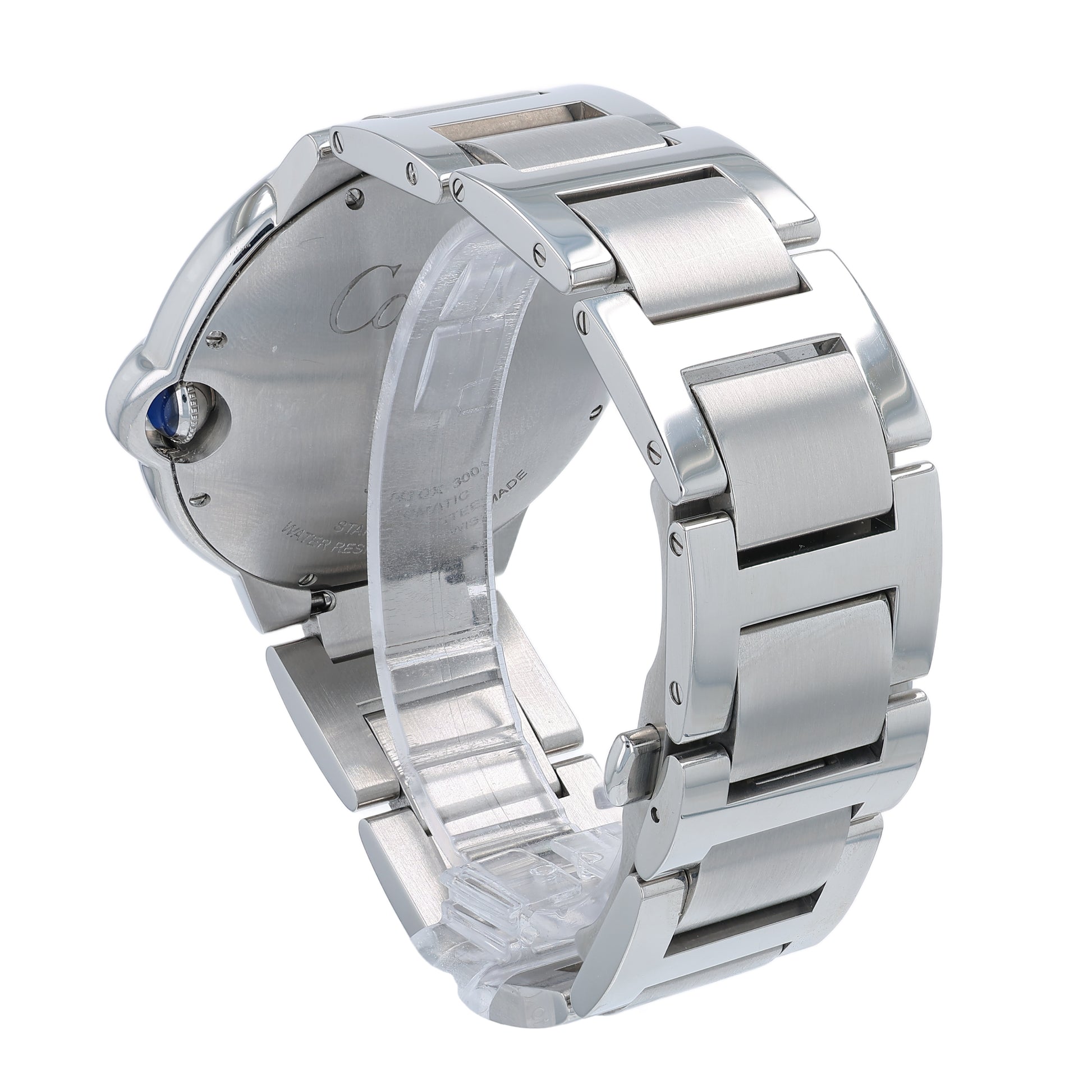 Silver Cartier watch with white face and Roman numerals on a white background