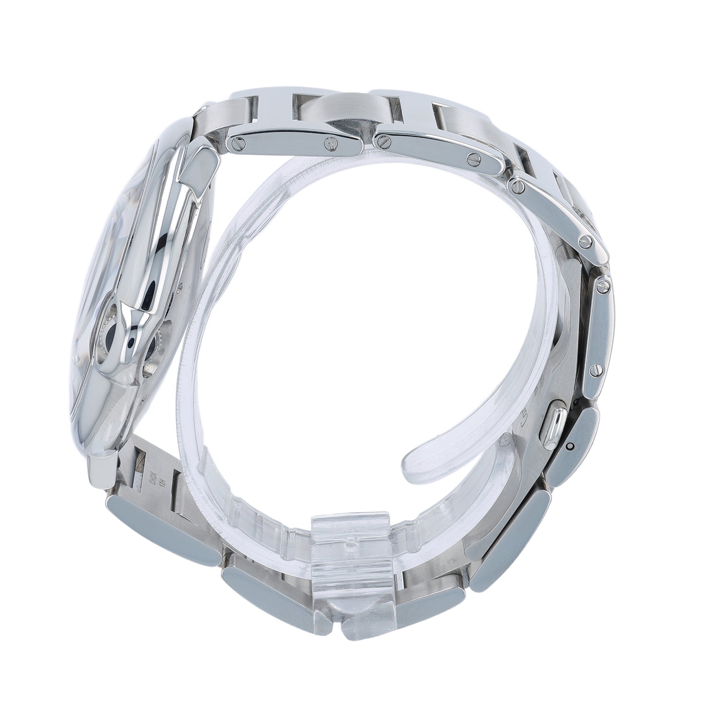 Silver Cartier watch with white face and Roman numerals on a white background