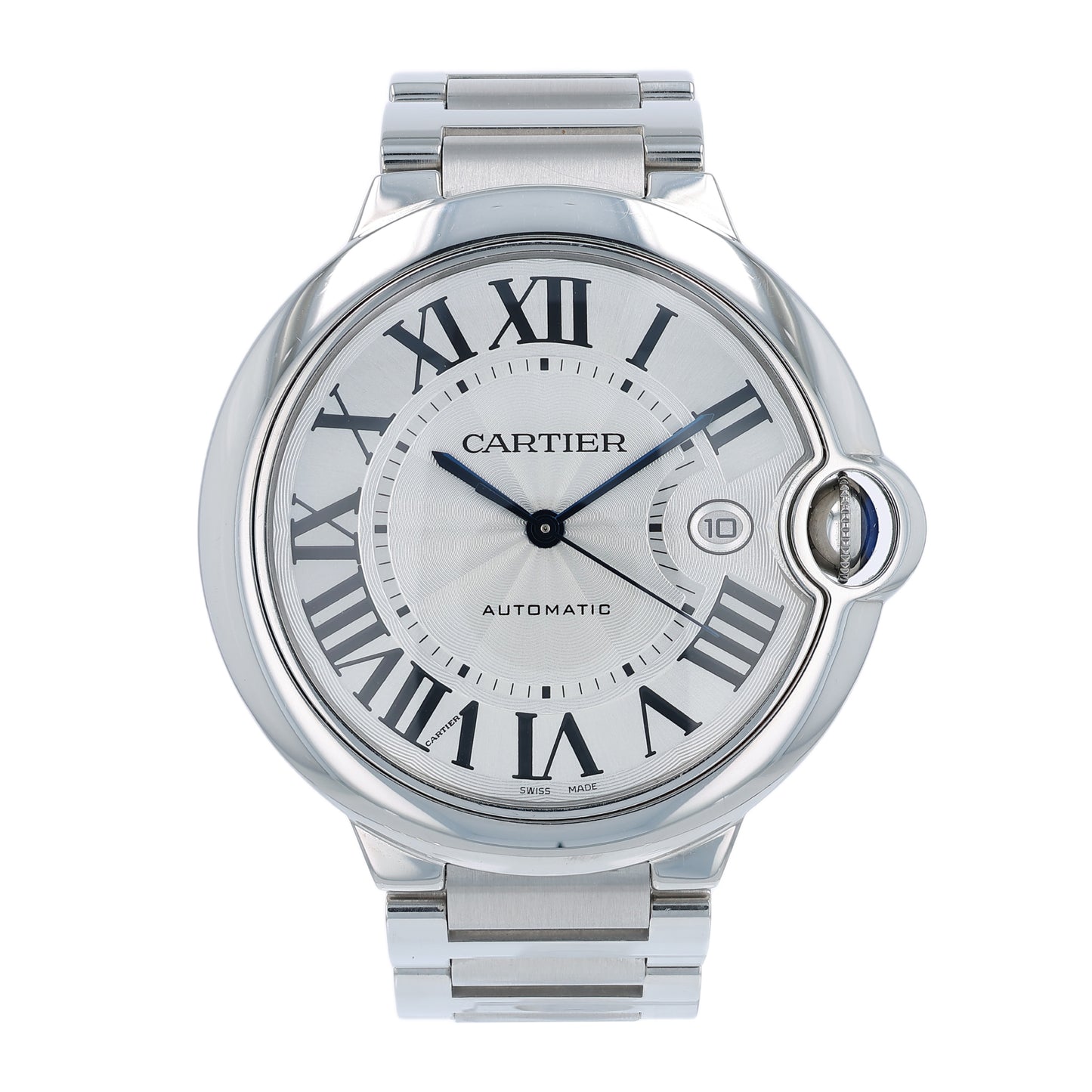 Cartier watch with silver case and white face on a white background