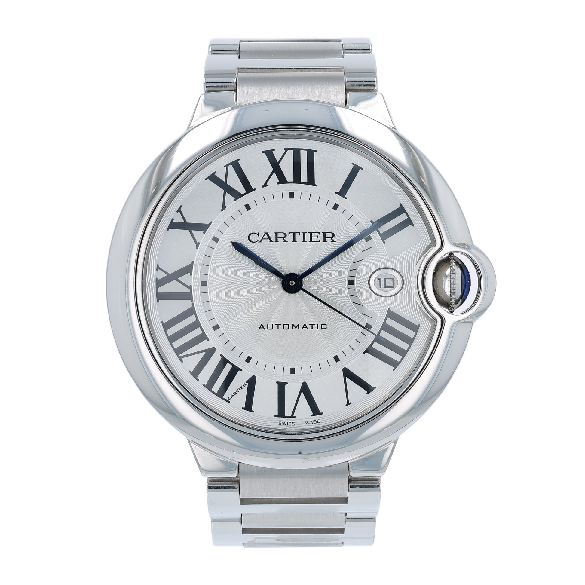 Cartier watch with silver case and white face on a white background