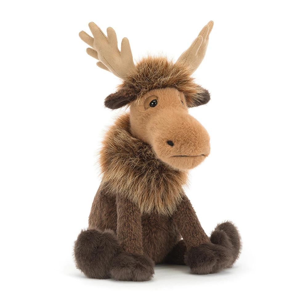 Brown plush moose toy on a white background.