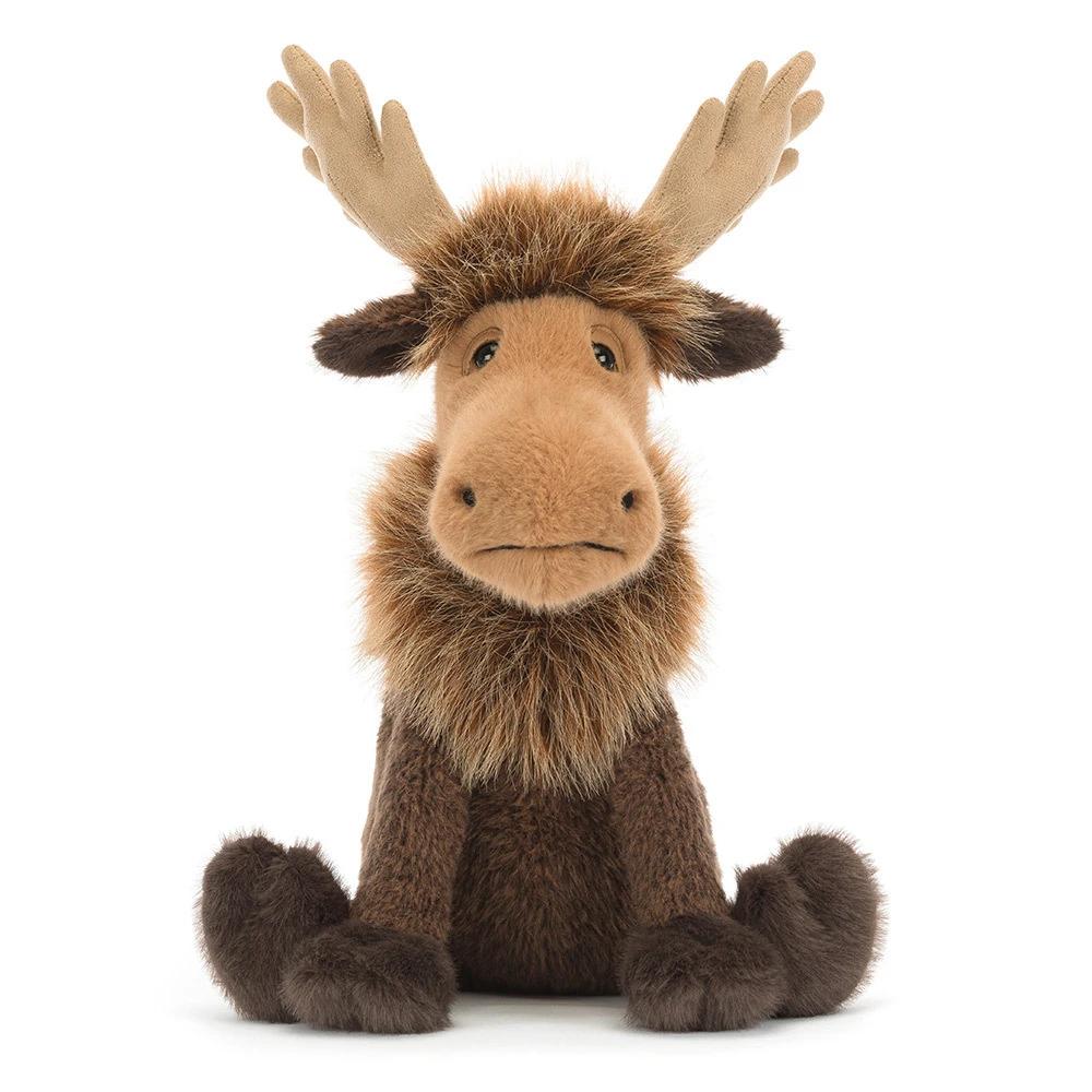 A  brown plush moose toy with large tan antlers, a light brown snout and face, and dark brown fur, sitting against a plain white background.