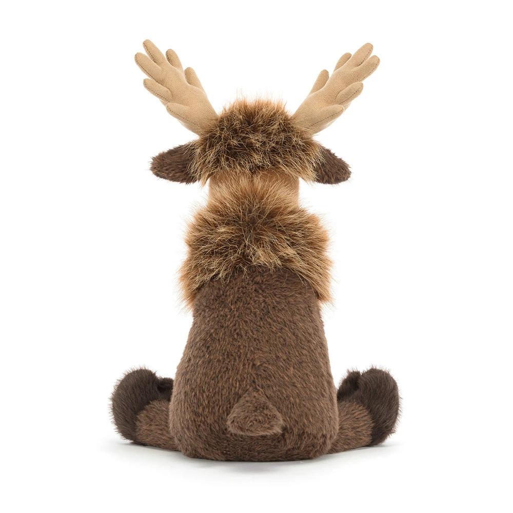 The back of a  brown plush moose toy on a white background.