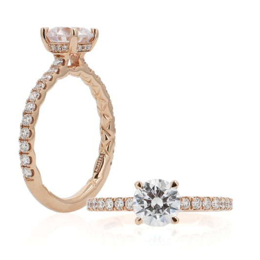 A. Jaffe 14k Gold Round Diamond Center Engagement Ring with Side Stones and Hidden Halo