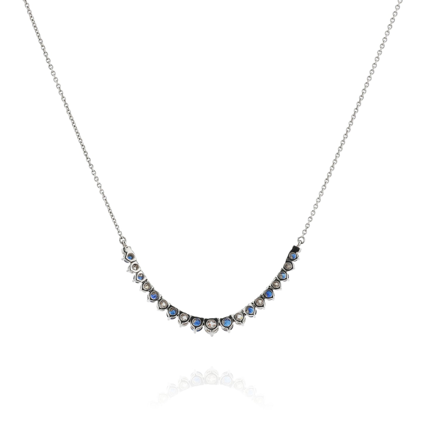 18k White Gold Alternating Graduated Sapphire and Diamond Curved Bar Pendant Necklace