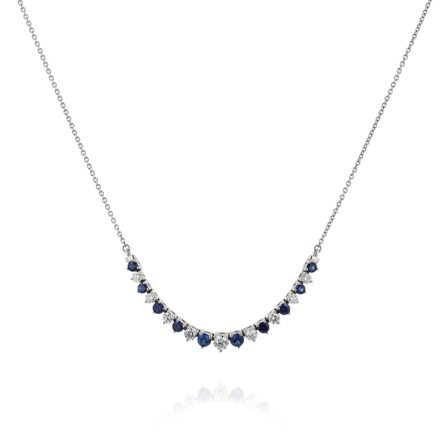 18k White Gold Alternating Graduated Sapphire and Diamond Curved Bar Pendant Necklace