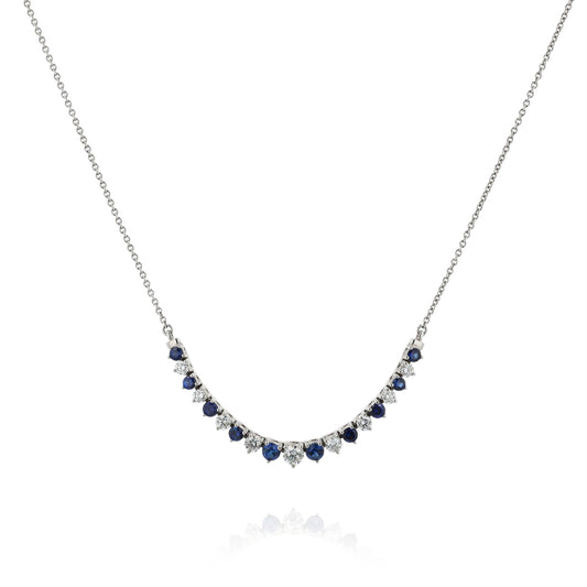 18k White Gold Alternating Graduated Sapphire and Diamond Curved Bar Pendant Necklace