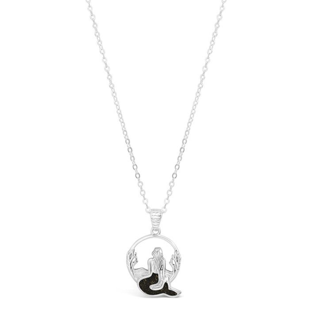 Silver necklace with a round pendant featuring a mermaid design on a white background