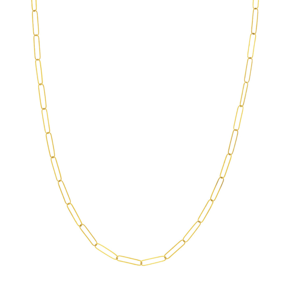 Gold paperclip chain necklace on a white background