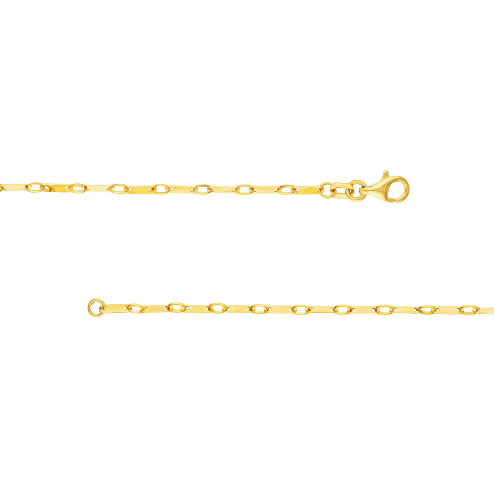 A 14k yellow gold flat link chain bracelet with a length of 7.5 inches and a width of 1.85mm.