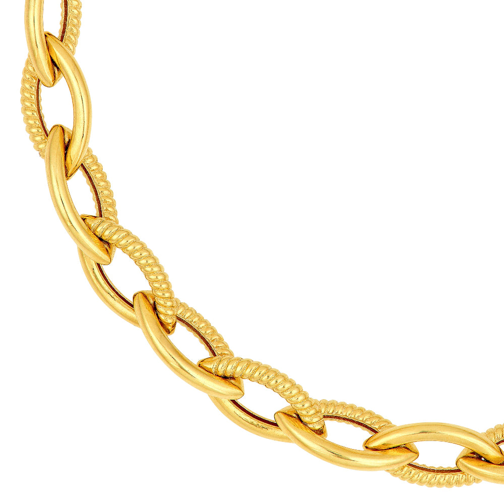 Close up of alternating polished and textured links 