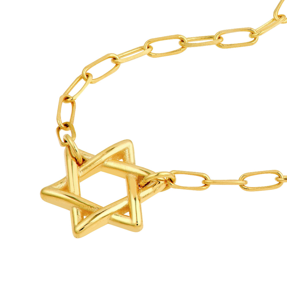 Up close of Star of David and paperclip necklace 