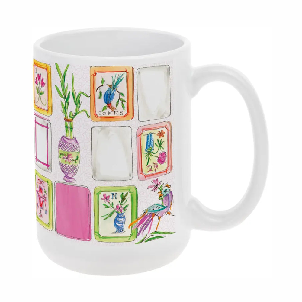 White mug with colorful illustrations on a white background