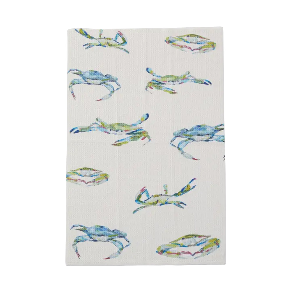 Tea towel with colorful crab pattern on a white background