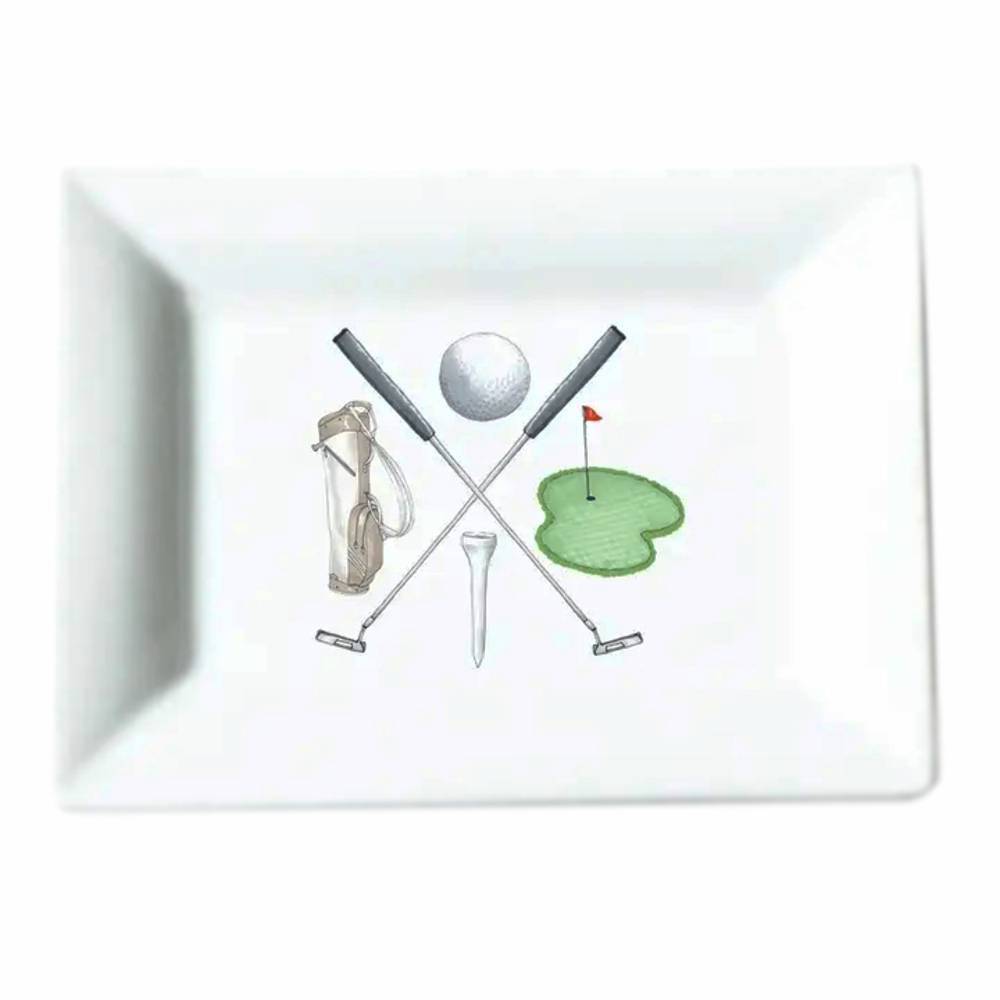 A white rectangular ceramic dish featuring a printed golf-themed illustration in the center, including crossed clubs, a golf ball, a teeing hole flag, and a golf bag, shown on a white background.