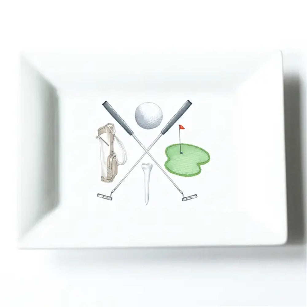 A white rectangular ceramic dish featuring a printed golf-themed illustration in the center, including crossed clubs, a golf ball, a teeing hole flag, and a golf bag, shown on a white background.