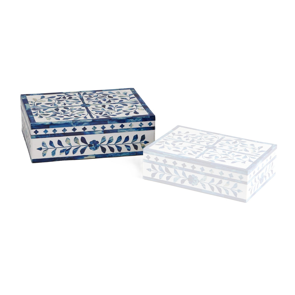 Large rectangular boxes with intricate blue and white bone-inlay patterns, shown on a clean white background.