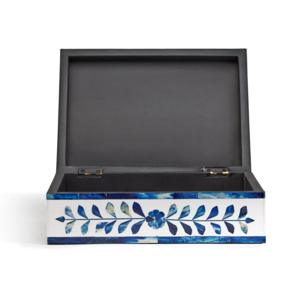 Opened large decorative box with blue floral patterns on a white background.
